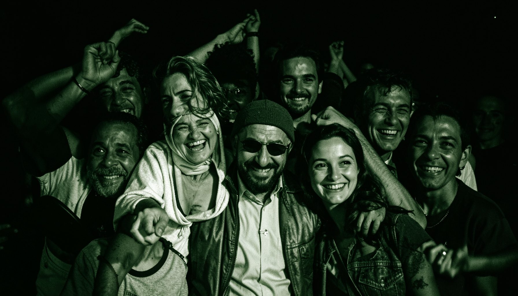 Mani unite in segno di solidarietà su sfondo scuro, immagine in duotone bianco e nero con dominante calda